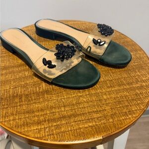 Zara Black and Green Embellished Slide Sandals